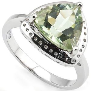 Ring 3.75 Ct Trillion Cut Green Amethyst set in Platinum over 0.925 Sterling